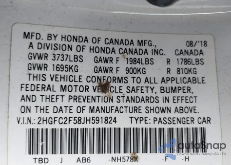 2018 Honda Civic Lx from USA, damaged, VIN 2HGFC2F58JH591824